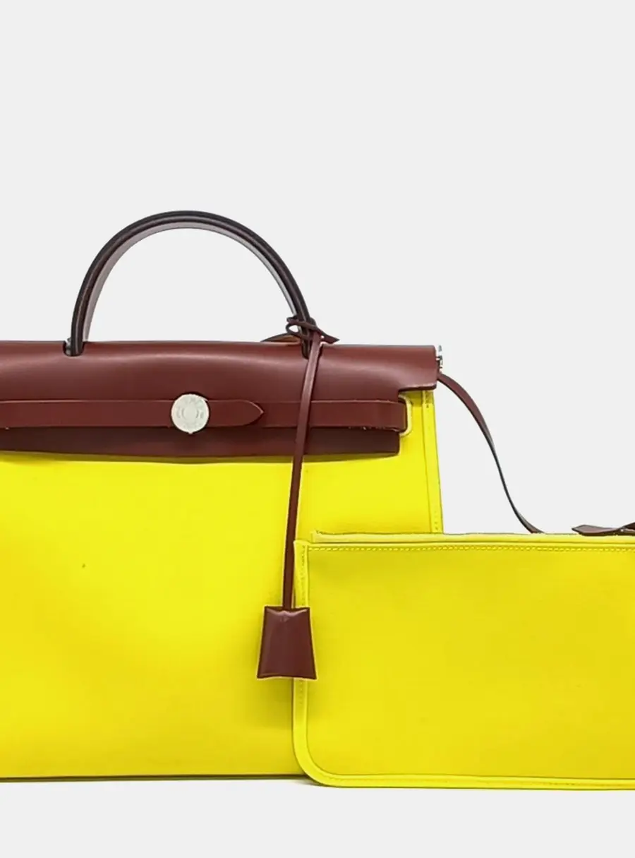 Hermes Herbag Zip Small Yellow Brown Fabric Leather Top Handle Bag