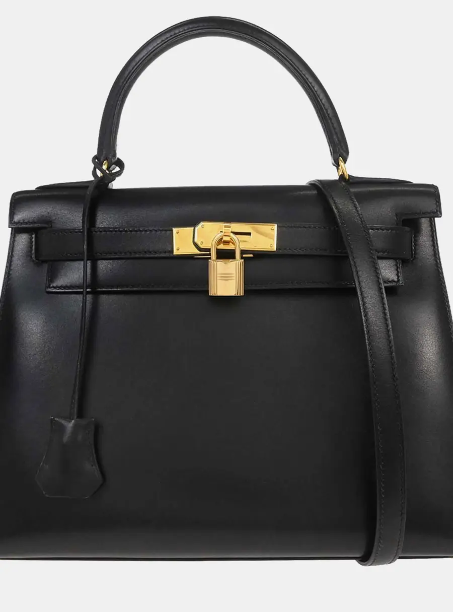 Hermes Kelly 28 Sellier Black Box Calfskin Leather Top Handle Bag