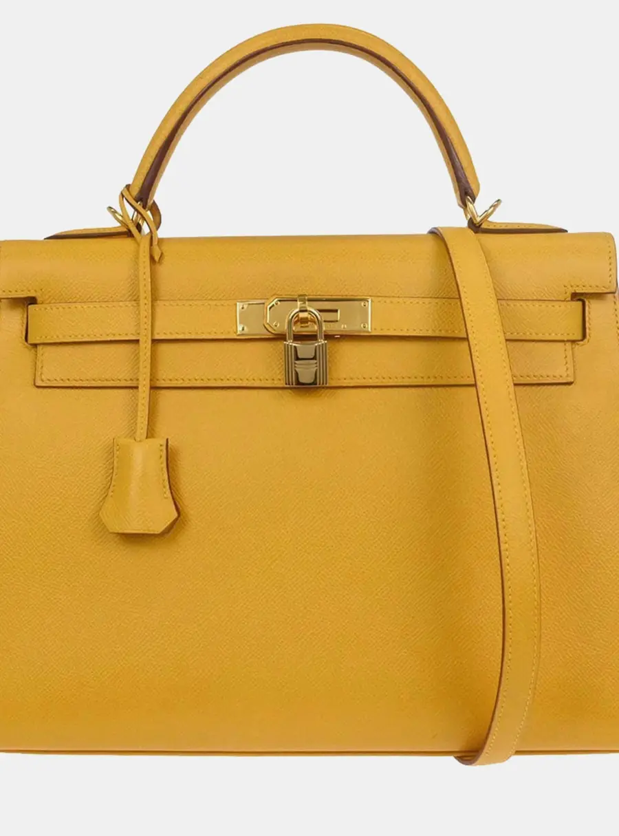 Hermes Kelly 32 Jaune Courchevel Leather Sellier Top Handle Bag