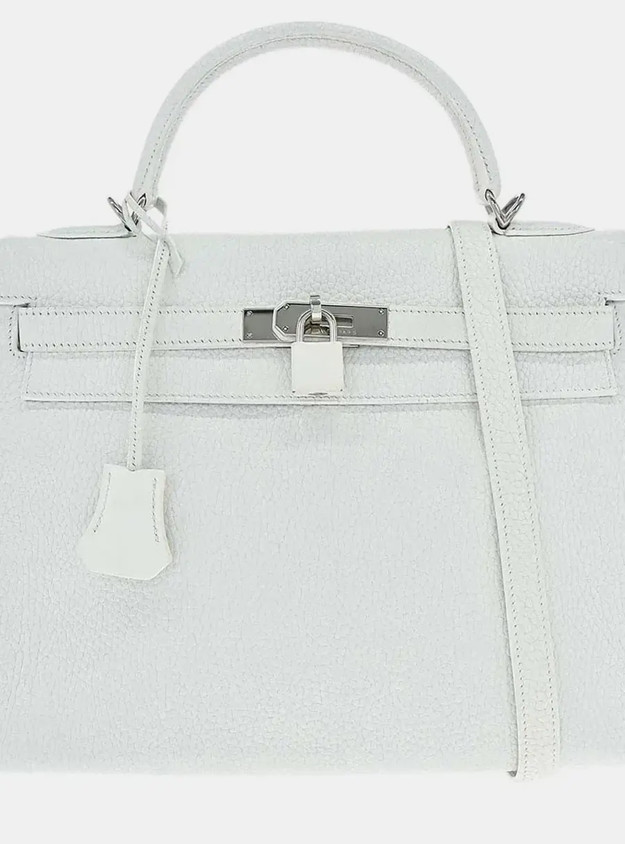 Hermes Kelly 32 White Taurillon Clemence Leather Retourne Top Handle Bag