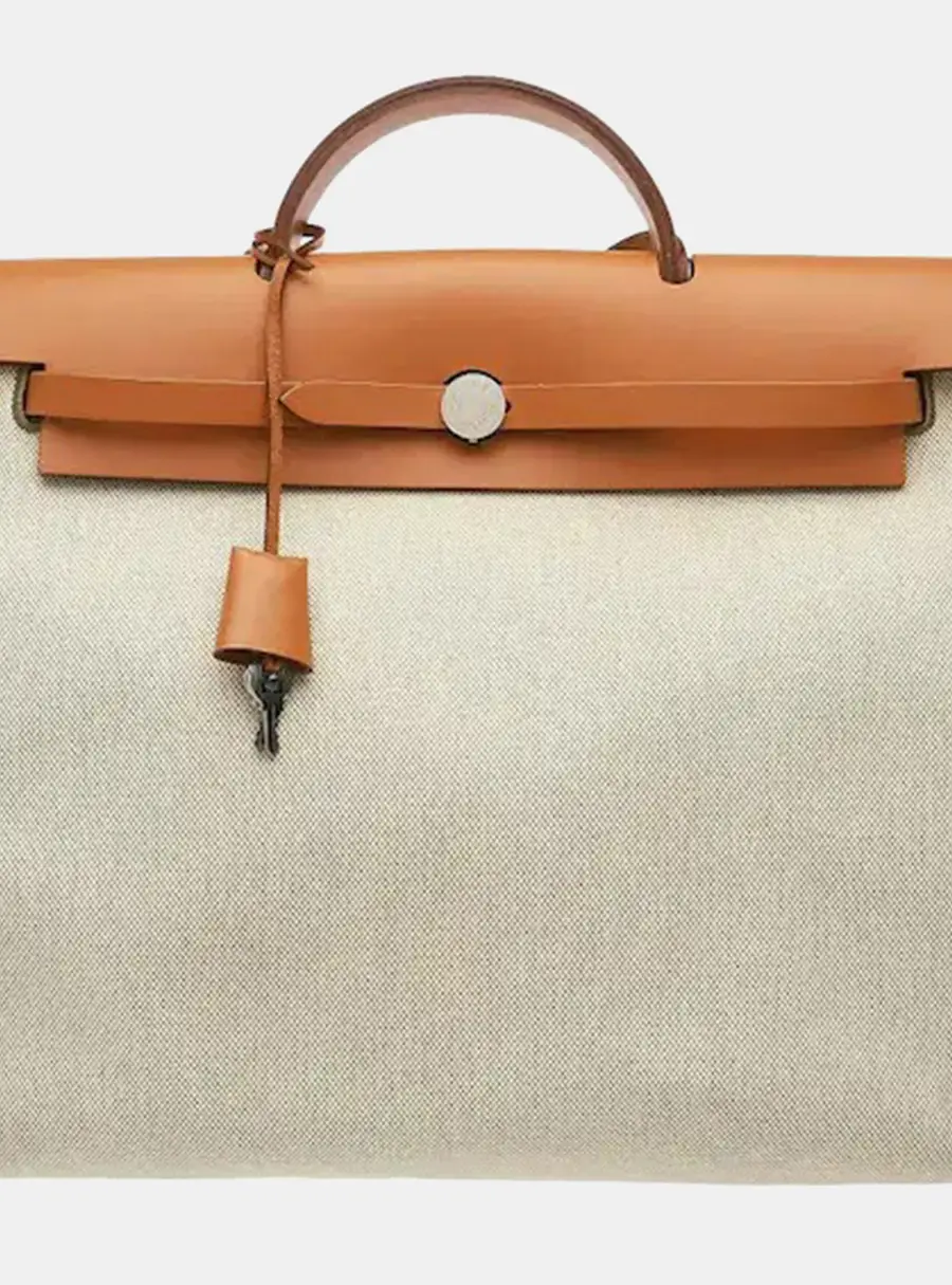 Hermes Herbag 39 Ecru Toile Canvas Vache Hunter Leather Top Handle Bag