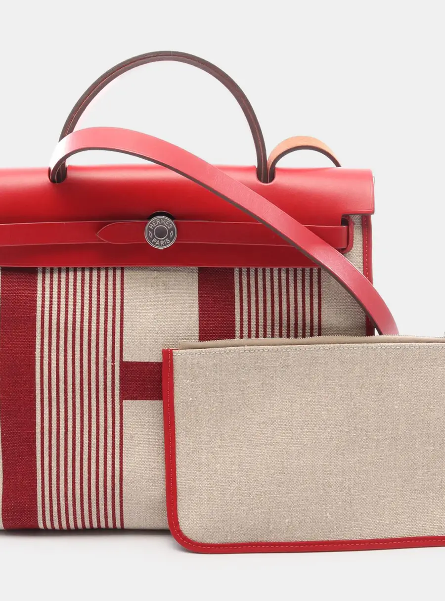 Hermes Herbag Zip Retourne 31 Rouge Piment Ecru Vache Hunter Leather Toile Canvas Top Handle Bag