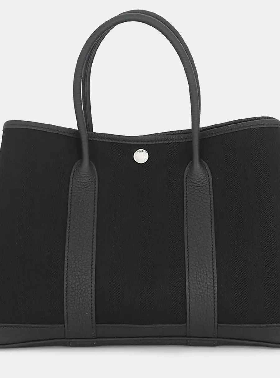 Hermes Garden Party TPM Black Toile Chevrons Negonda Leather Tote Bag