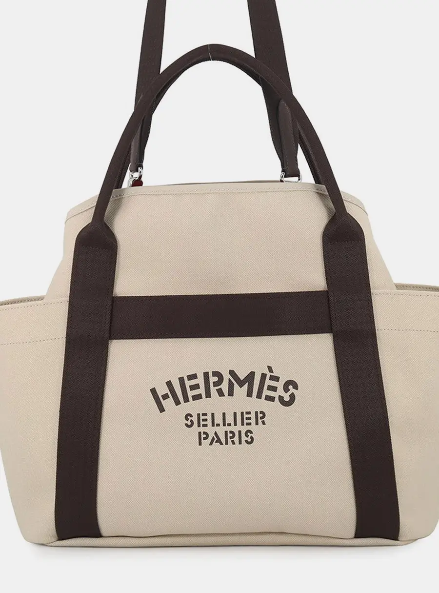 Hermes Groom Beige Toile Chevrons Canvas Tote Bag