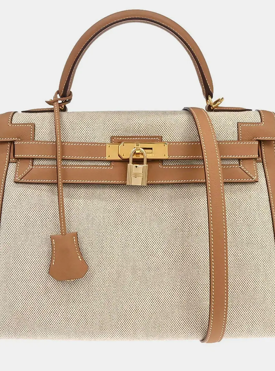Hermes Kelly 32 Natural Toile H Gold Epsom Leather Sellier Top Handle Bag