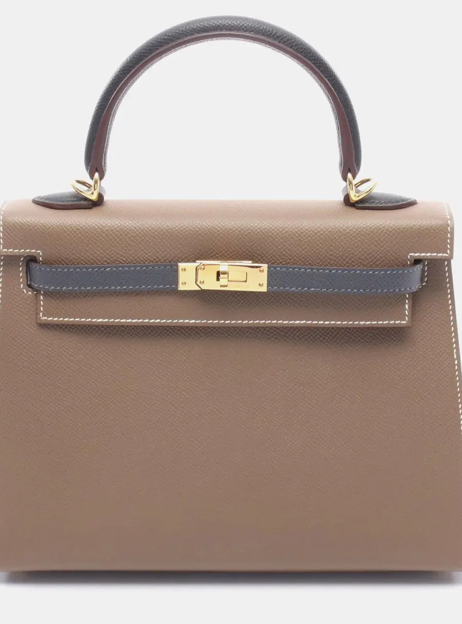 Hermès Kelly Sellier 25 Tricolor Etoupe Ardoise Black Epsom Leather Gold Hardware Top Handle Bag
