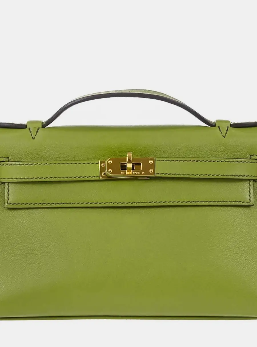 Hermes Kelly Pochette Anis Green Swift Calfskin Leather Clutch Bag