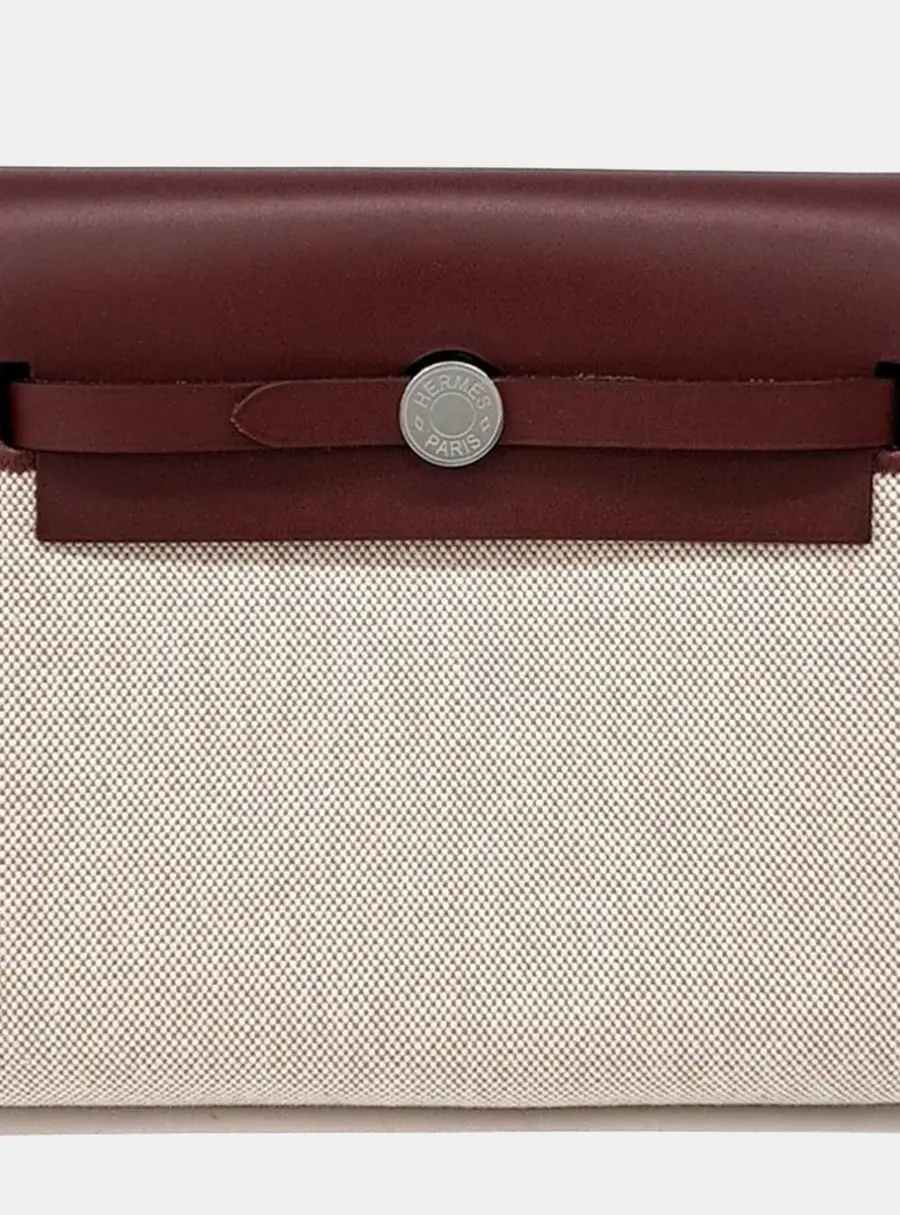 Hermes Herbag 20 Brown Cream Toile Canvas Hunter Leather Shoulder Bag