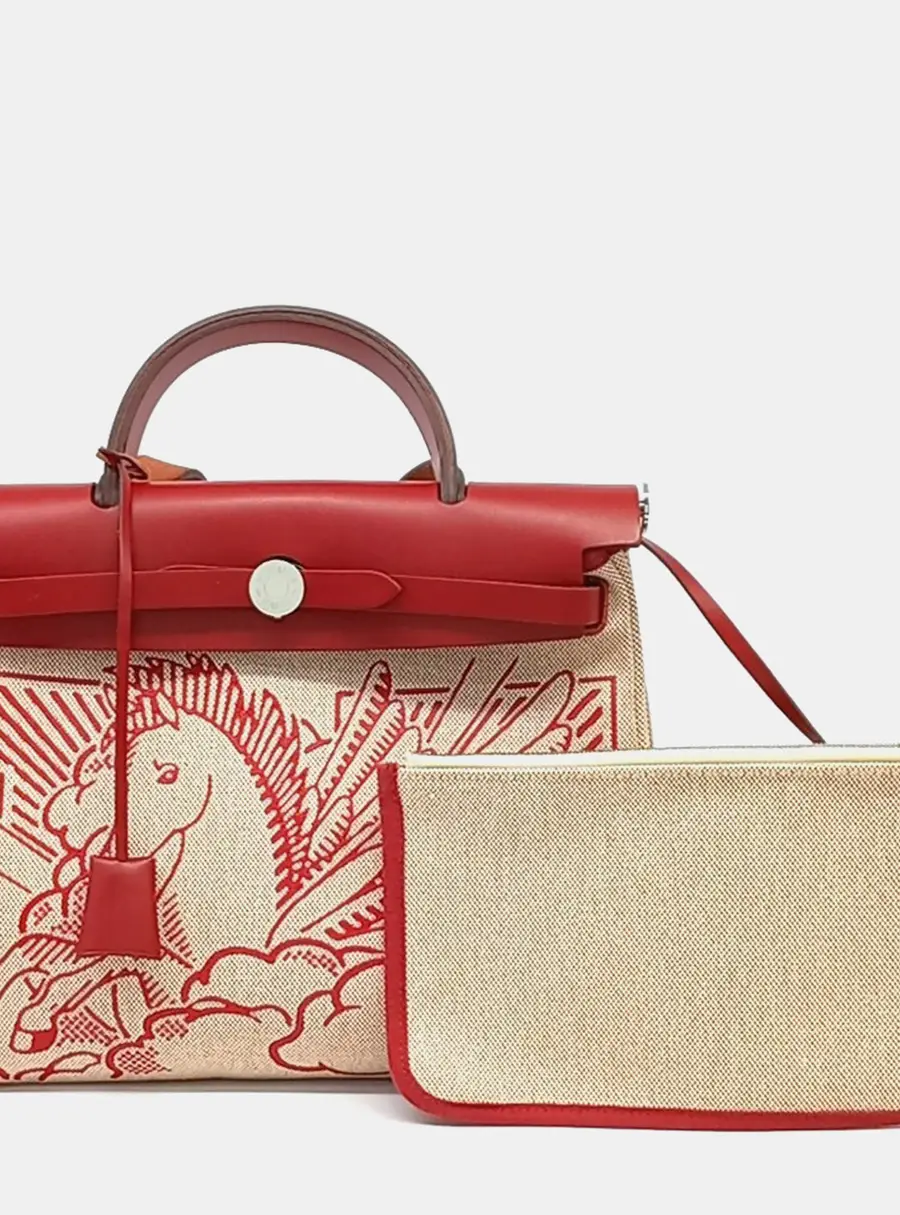 Herm&egrave;s NEW ZIP Herbag Beige/Red Canvas and Leather Small (Z)