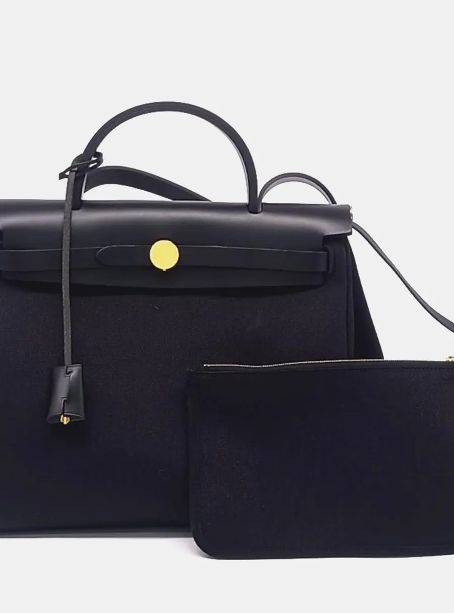 Hermes Herbag Zip 31 Black Canvas Leather Top Handle Bag