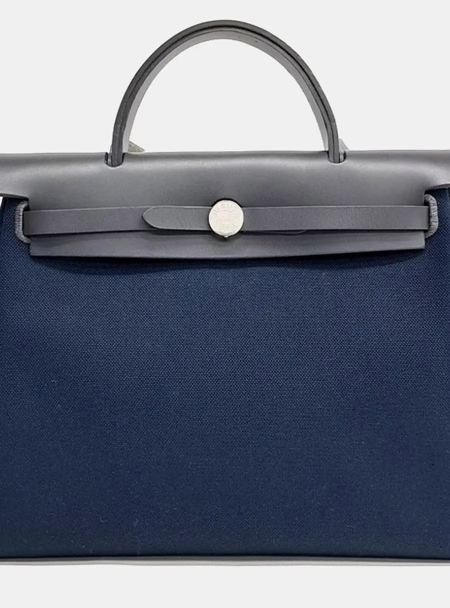 Hermes Herbag Zip Retourne 31 Navy Blue Canvas and Leather Top Handle Bag