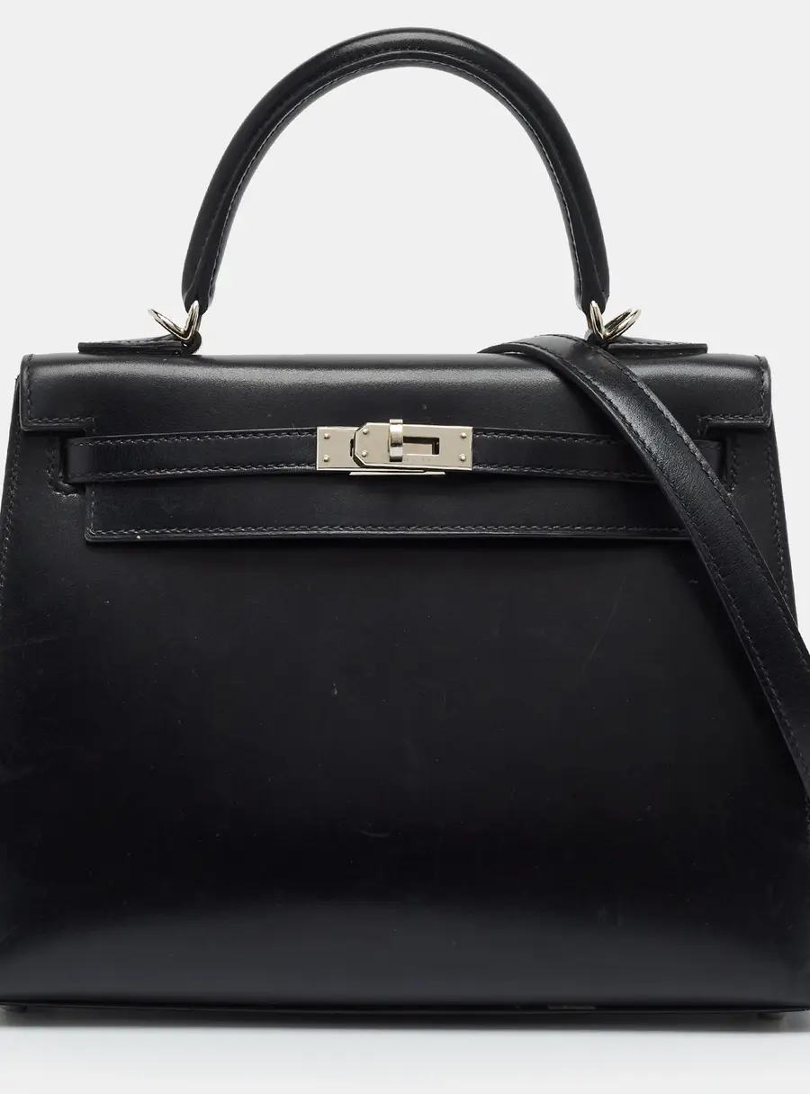 Hermes Kelly Sellier 25 Palladium Finish Noir Box Leather Top Handle Bag