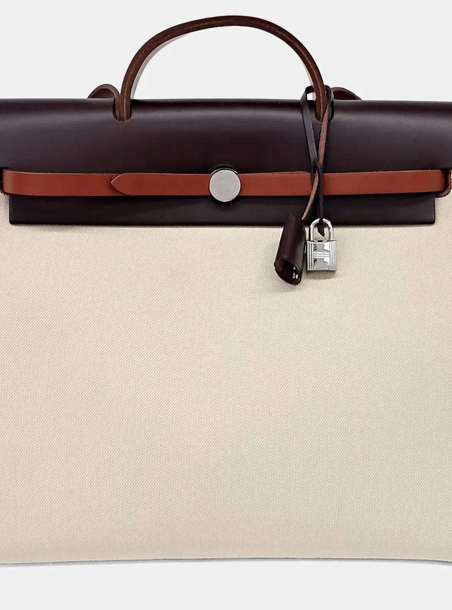 Hermes Herbag Zip PM Naturelle Ecru Canvas Ebene Hunter Leather Shoulder Bag