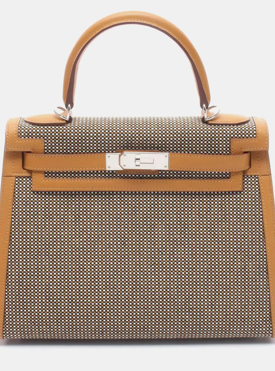 Hermes Kelly Sellier 28 Sesame Toile Quadrille Swift Leather Top Handle Bag