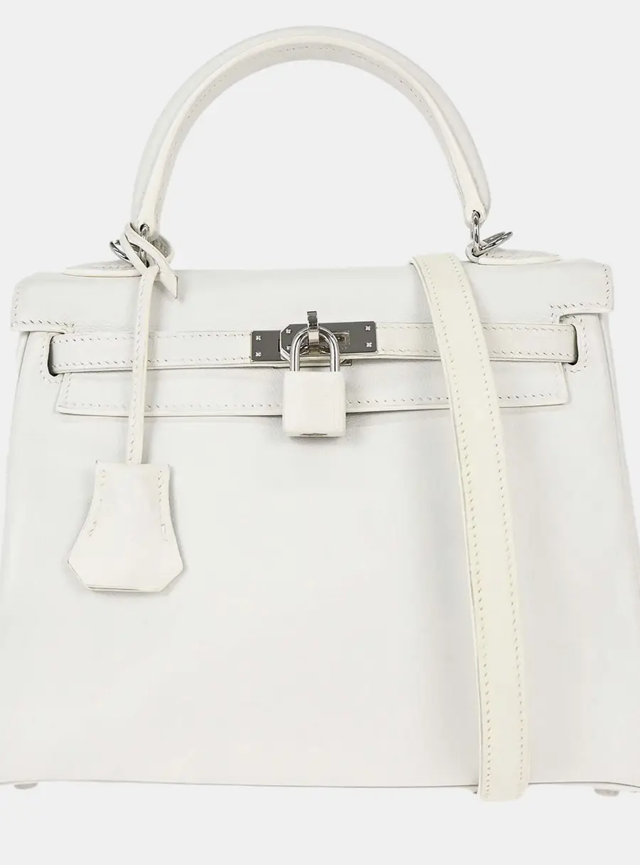 Hermes Kelly 25 White Swift Leather Top Handle Bag