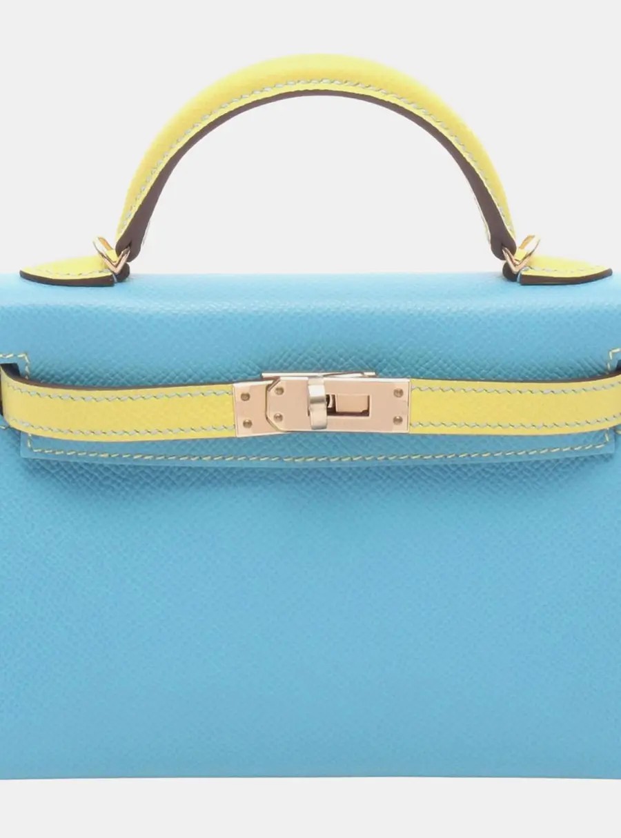 Hermes Kelly II Sellier Blue Aztec Lime Epsom Calfskin Leather Top Handle Bag