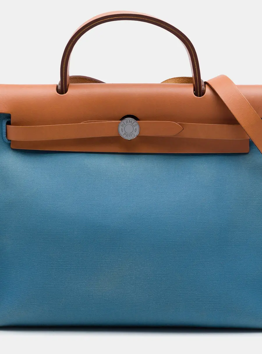 Hermes Herbag Zip 31 Blue Toile Officier Vache Hunter Leather Top Handle Bag