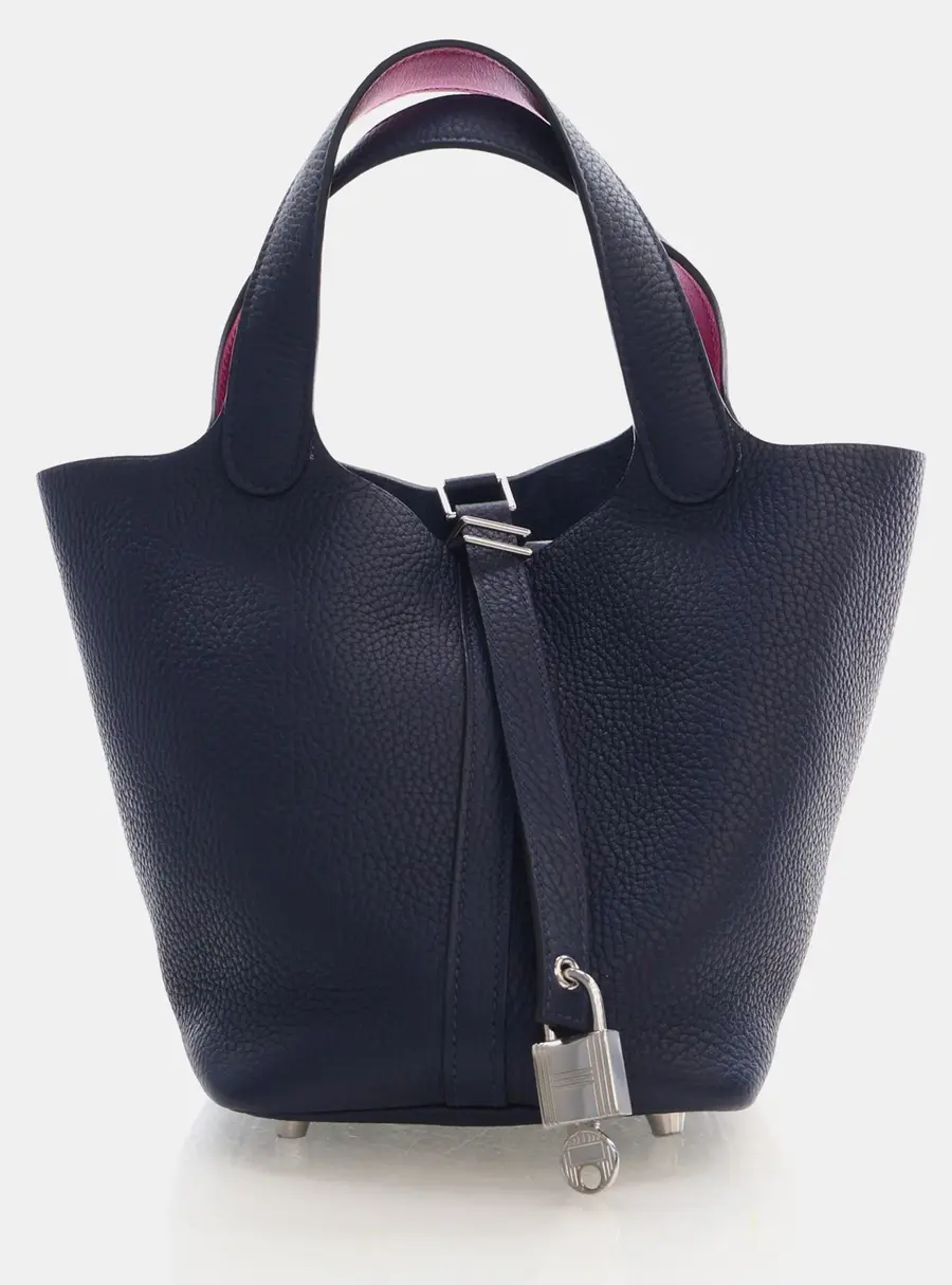 Hermes Verso Picotin Lock 18 Bleu Nuit Rose Pourpre Clemence Swift Leather Top Handle Bag
