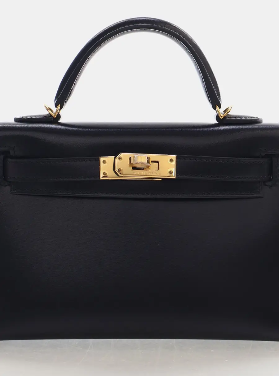 Hermes Mini Kelly 20 Noir Box Calfskin Leather Gold Hardware Top Handle Bag