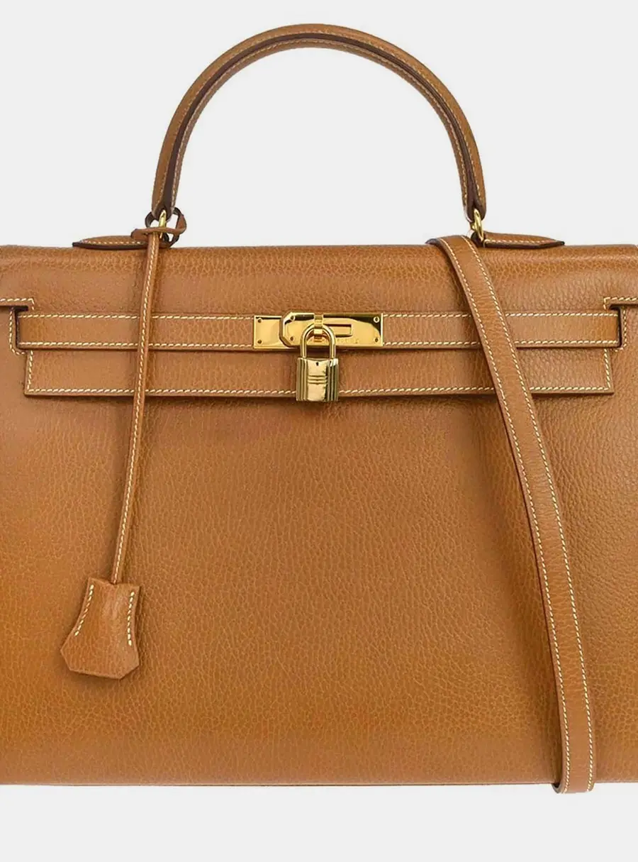 Hermes Kelly 35 Natural Sable Ardennes Calfskin Leather Sellier Top Handle Bag