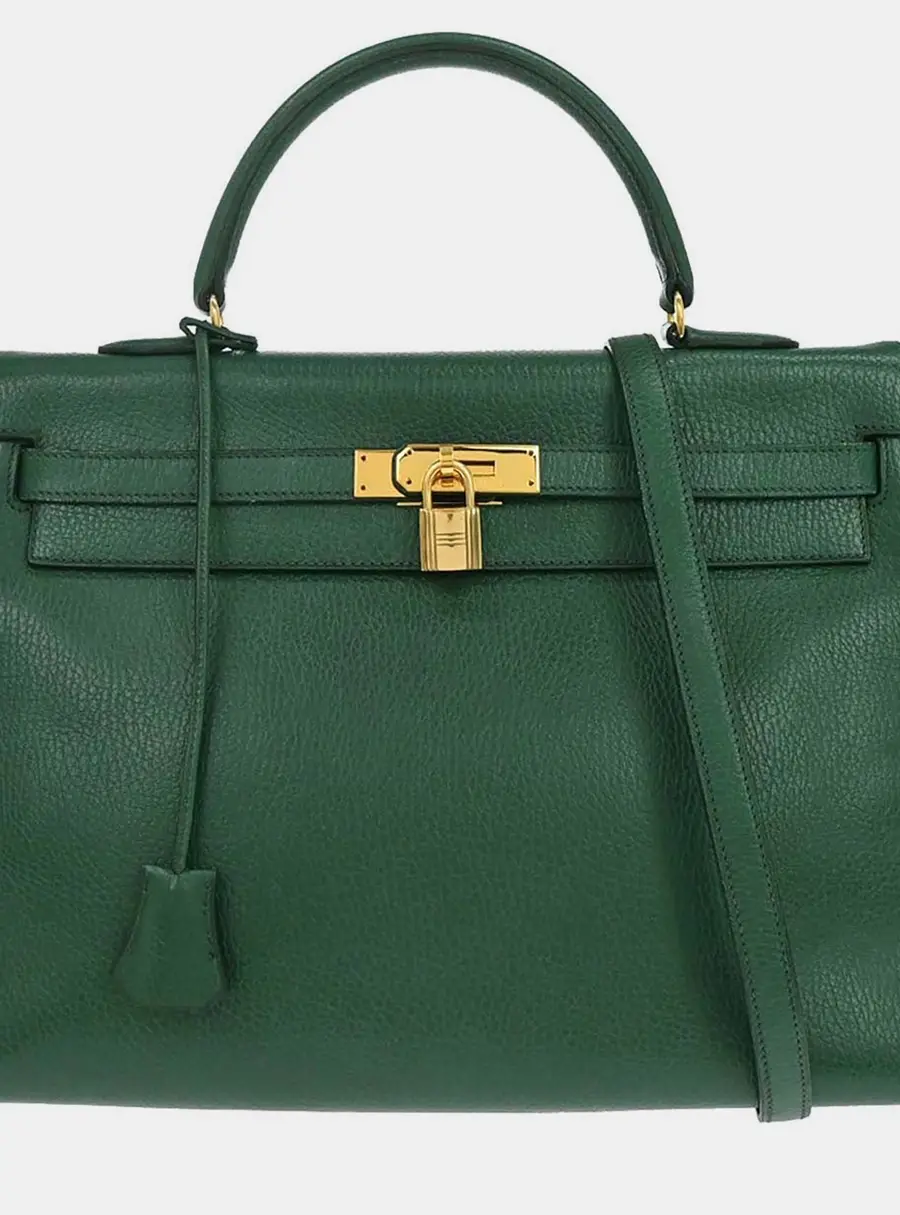 Hermes Kelly 35 Green Taurillon Clemence Leather Gold Hardware Retourne Top Handle Bag