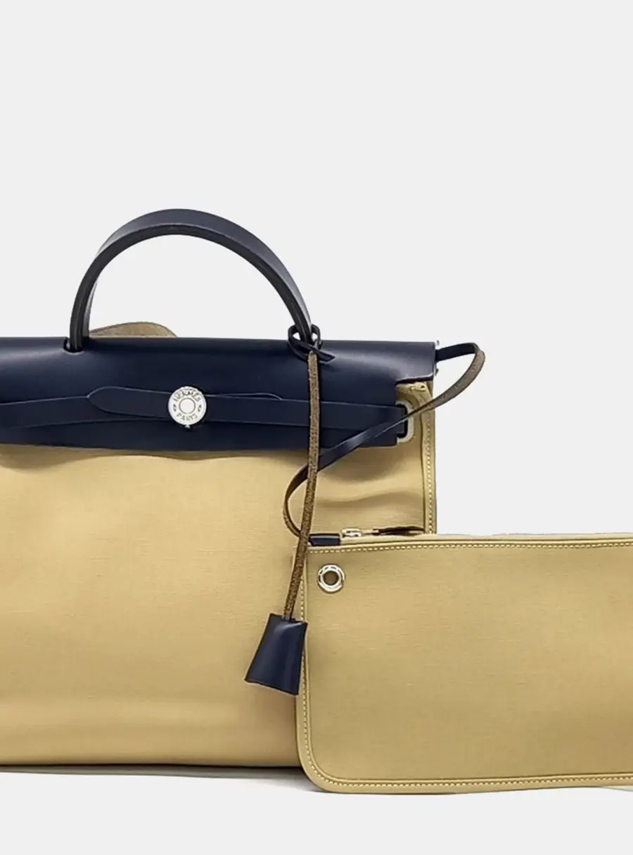 Hermes Herbag Zip 31 Beige Navy Blue Toile Officier Canvas Hunter Leather Top Handle Bag