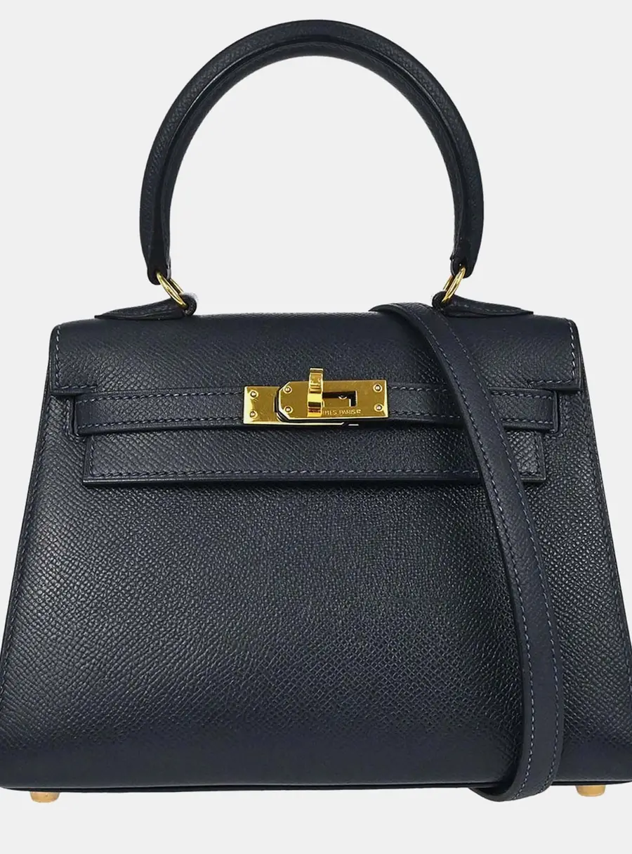 Hermes Mini Kelly 20 Navy Courchevel Calfskin Leather Sellier Top Handle Bag