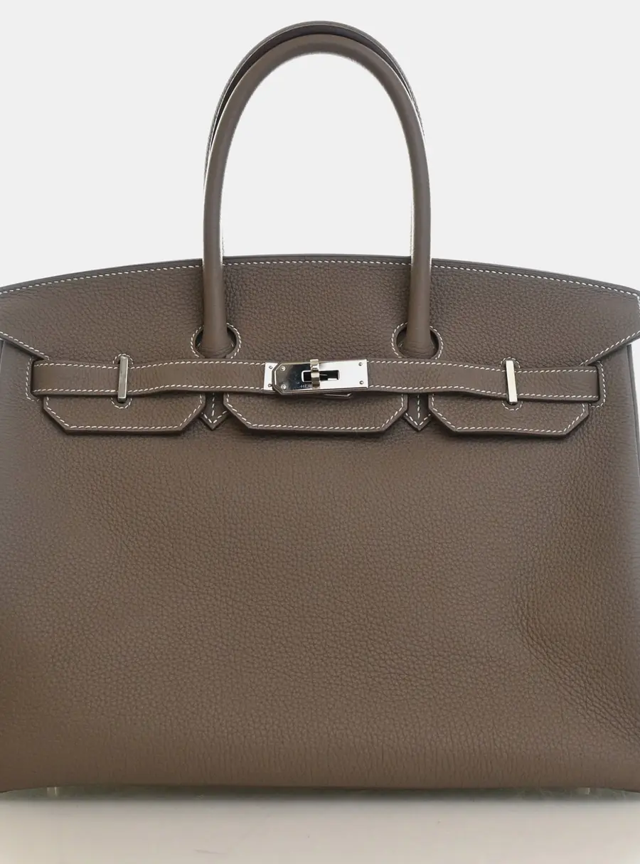 Hermes Birkin 35 Etoupe Clemence Calfskin Leather Top Handle Bag
