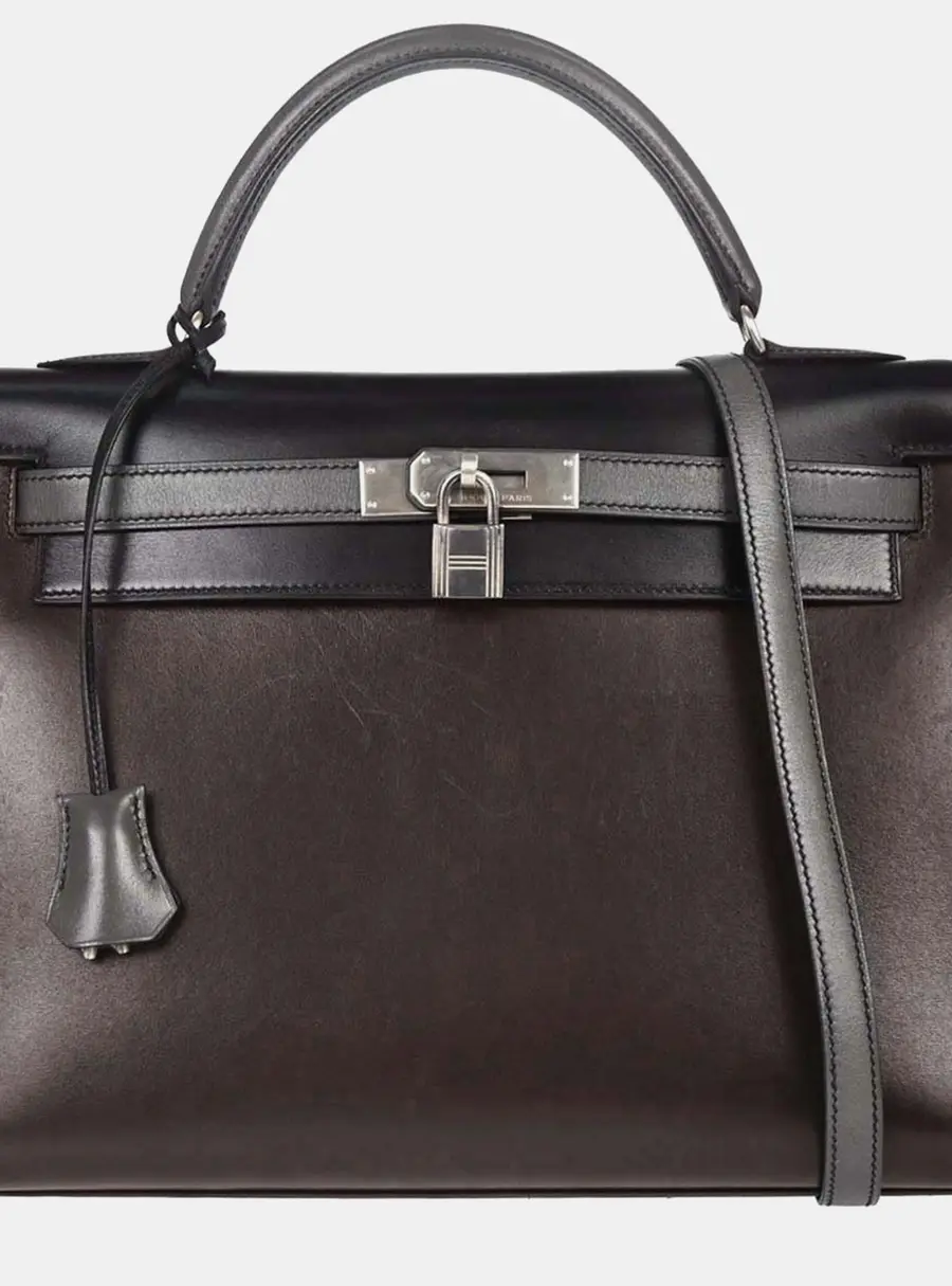 Hermes Kelly 32 Tricolor Dark Brown Burgundy Black Box Calfskin Leather Sellier Top Handle Bag