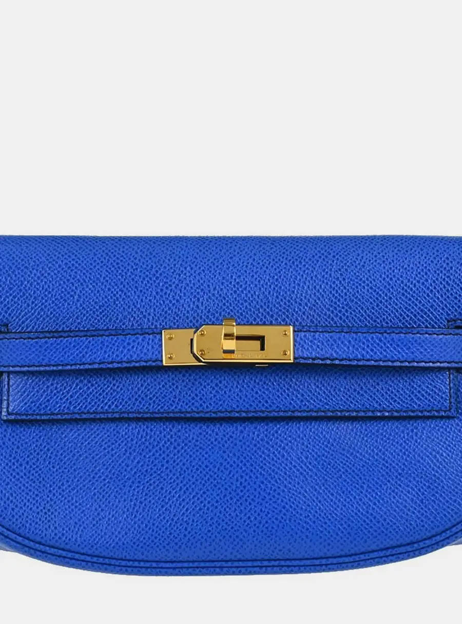 Hermes Banana Kelly Clutch 20 Bleu France Courchevel Calfskin Leather Bag