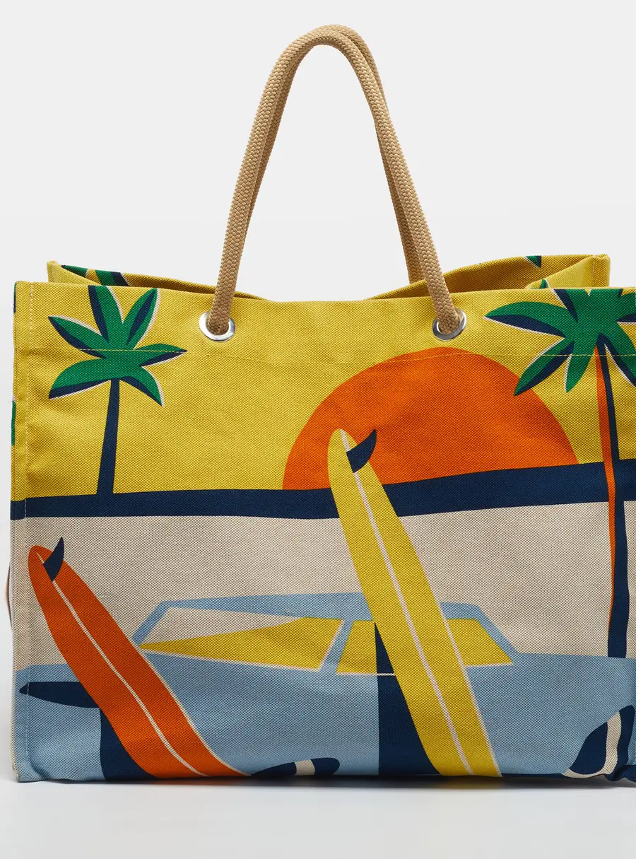 Hermes Apres la Vague Jaune/Bleu Canvas Beach Tote