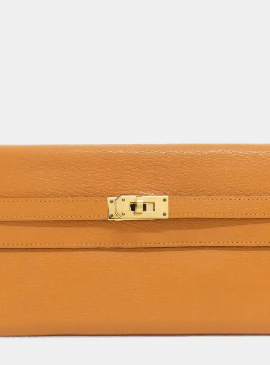 Hermes Kelly Classic Orange Chevre Mysore Leather Gold Hardware Long Wallet