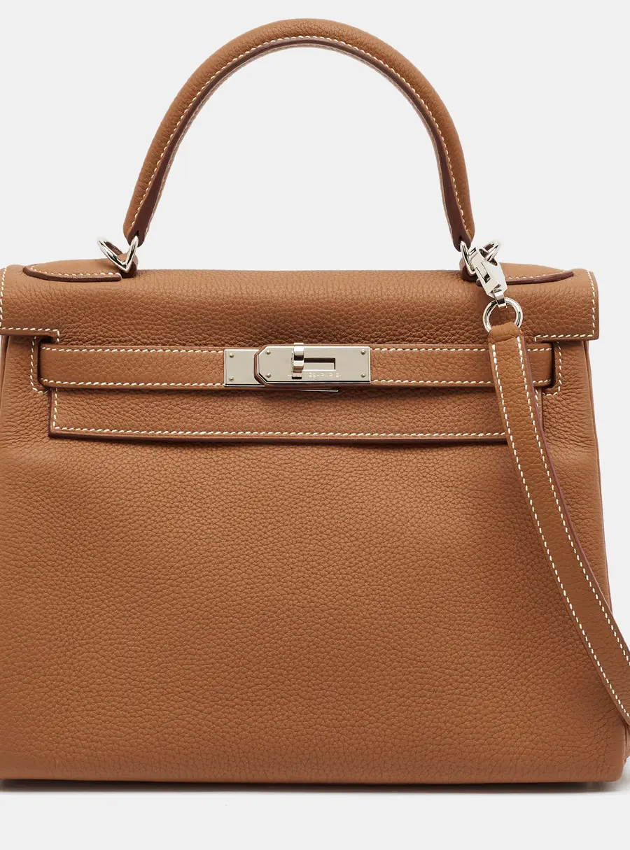 Hermes Kelly Retourne 28 Palladium Finish Gold Togo Leather Top Handle Bag
