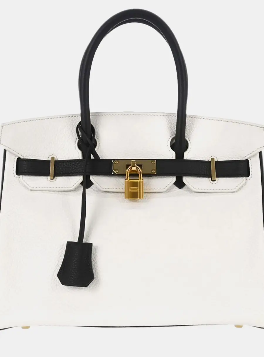 Hermes Special Order HSS Birkin 30 White Black Togo Calfskin Leather Top Handle Bag