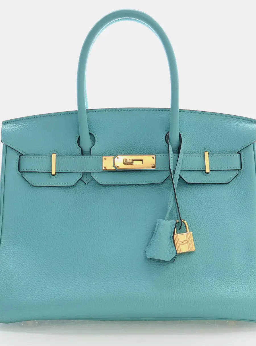 Hermes Birkin 30 Bleu Atoll Togo Calfskin Leather Top Handle Bag