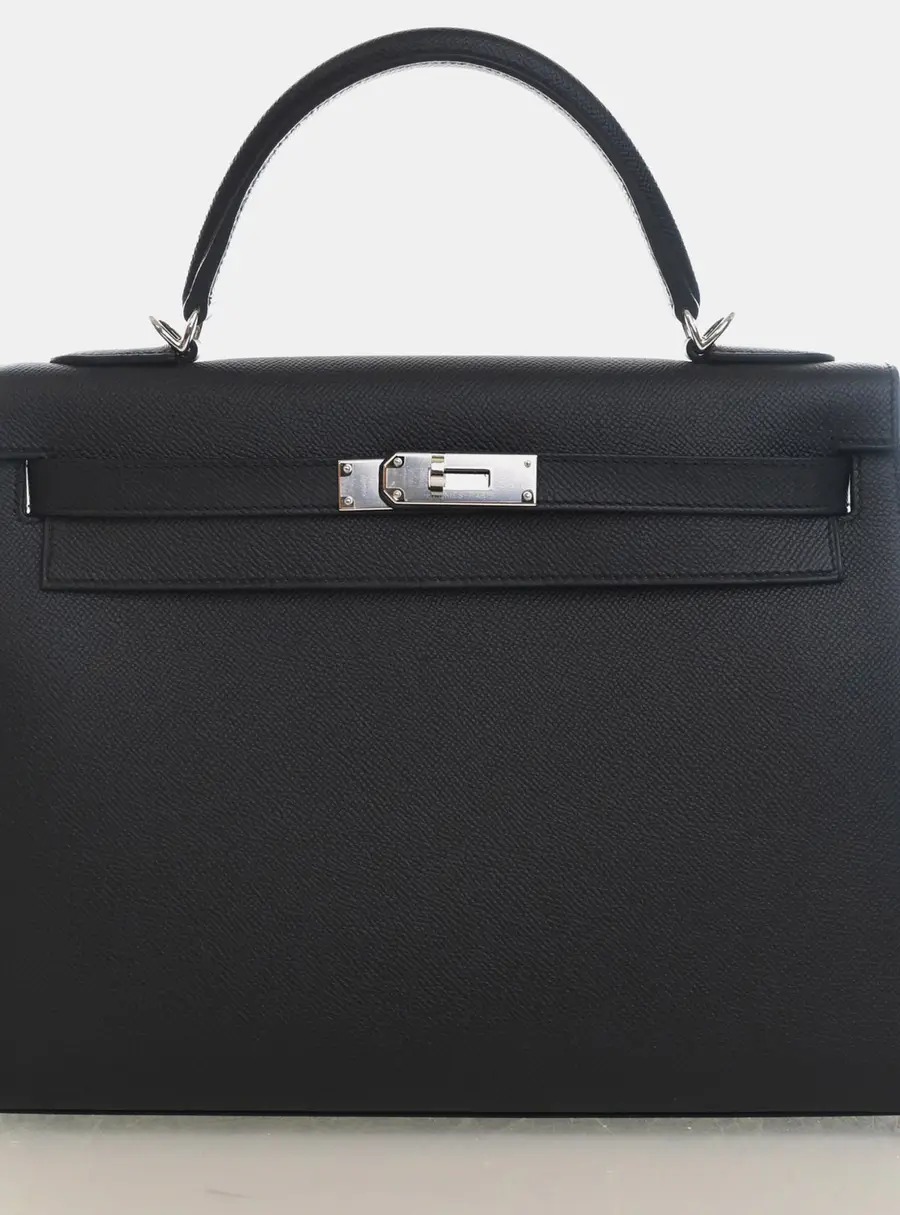 Hermes Kelly 32 Noir Epsom Calfskin Leather Top Handle Bag