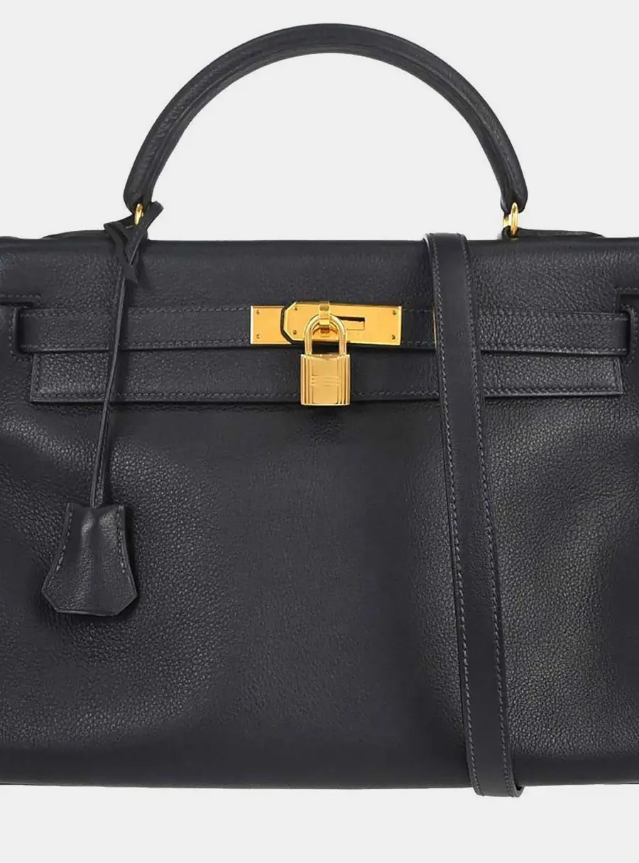 Hermes Kelly 32 Blue Indigo Togo Calfskin Leather Top Handle Bag