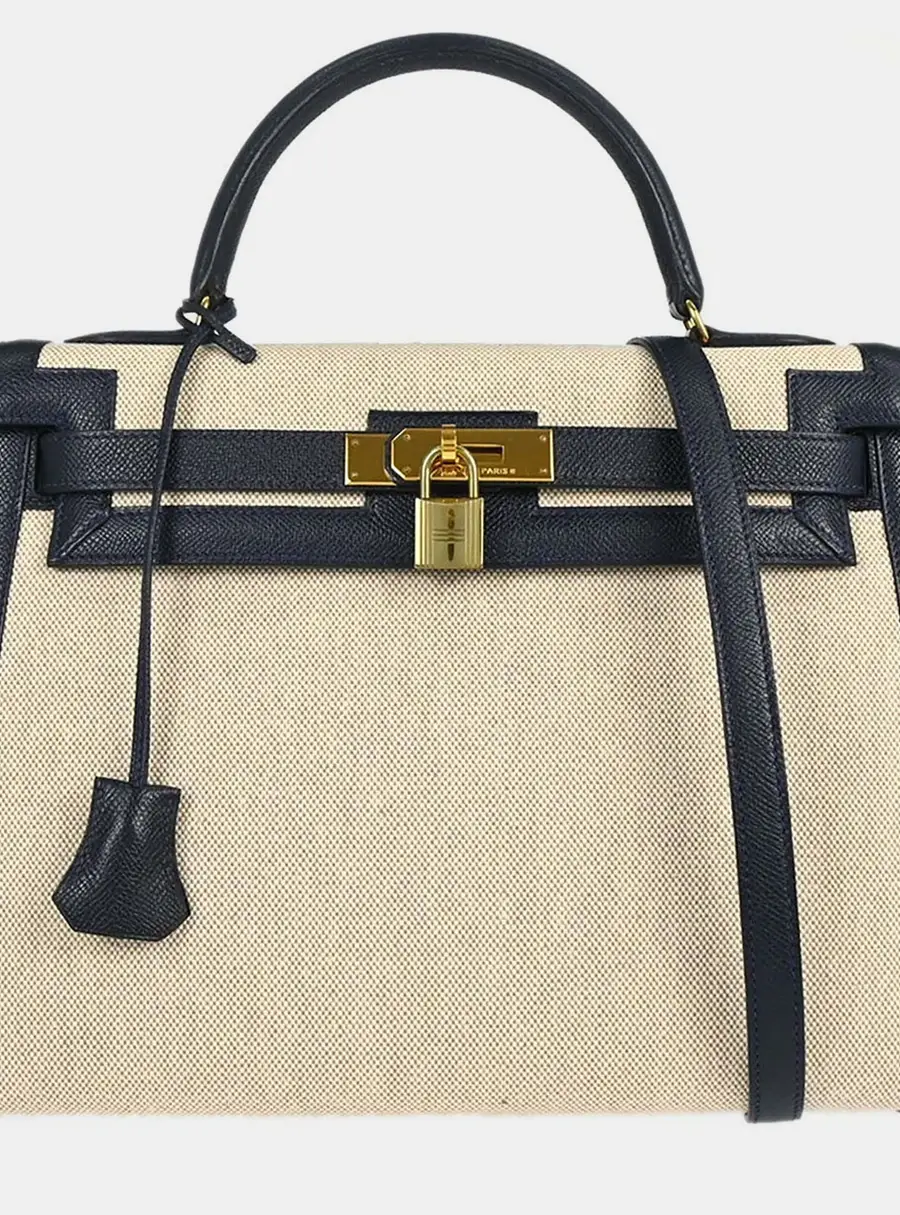 Hermes Kelly 32 Blue Indigo Courchevel Leather Toile H Sellier Top Handle Bag