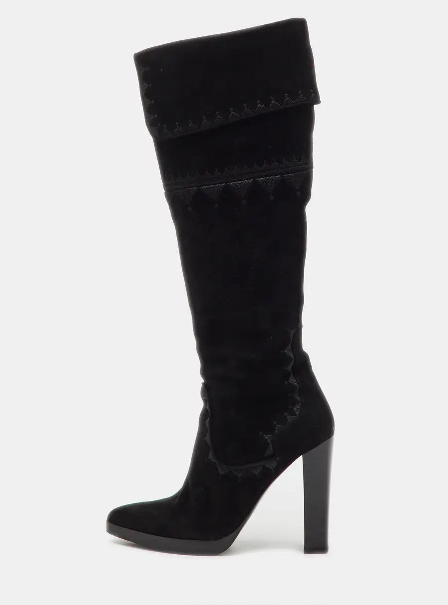 Hermes Black Suede Crusader Embroidered Knee Length Boots Size 36.5