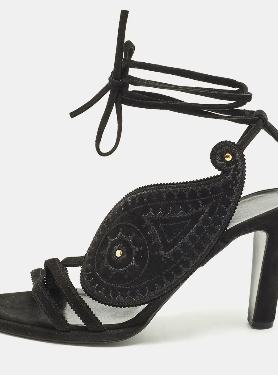 Hermes Size 38.5 Black Embroidered Paisley Suede Ankle Tie Sandals