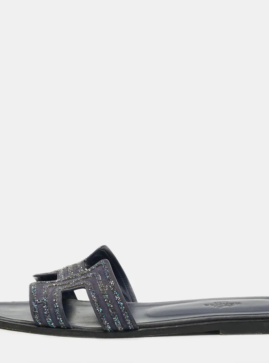 Hermes Oran Size 40.5 Navy Blue Suede Crystal Embellished Flat Slide