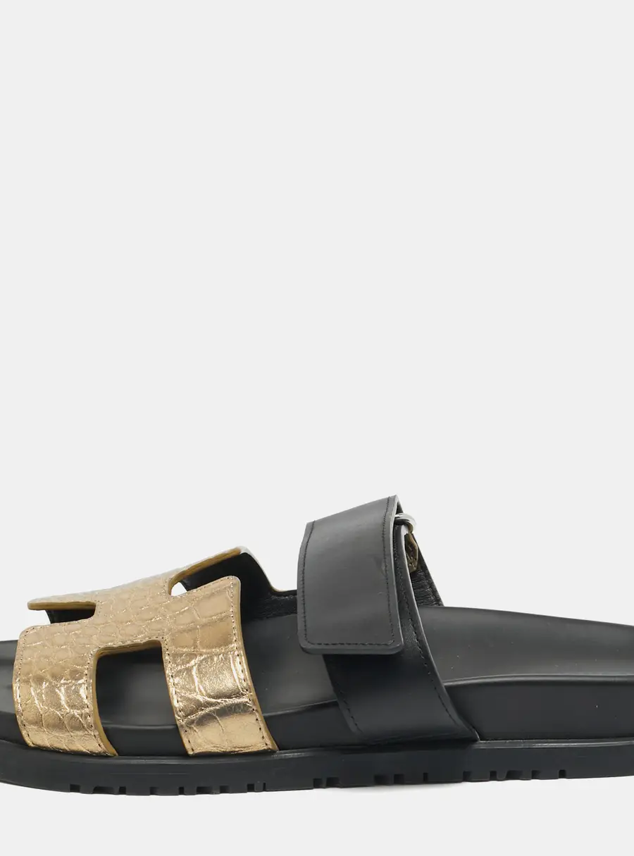 Hermes Chypre Size 38.5 Black/Gold Suede Slide Sandals