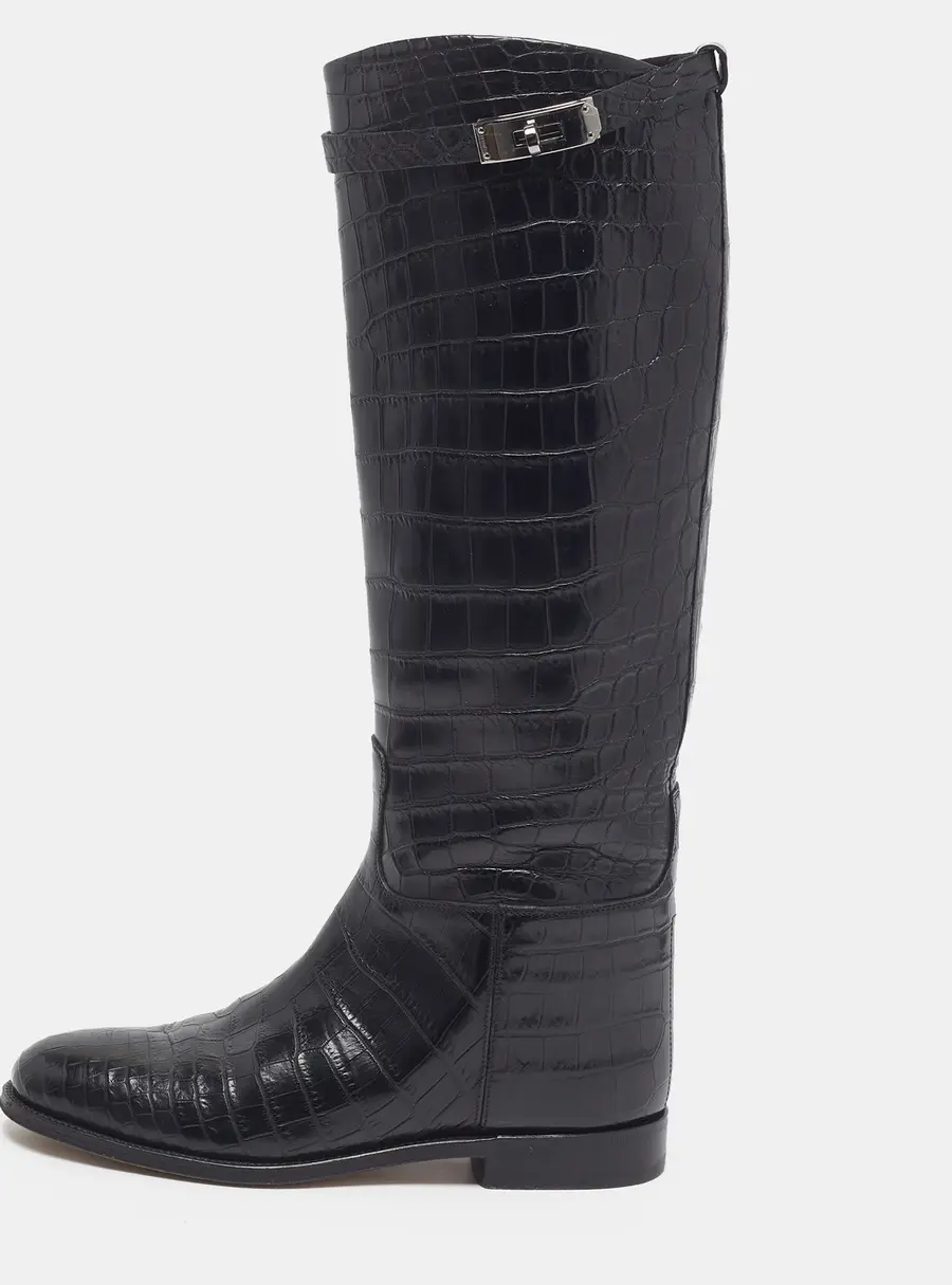 Hermes Jumping Size 38 Black Crocodile Leather Knee Length Boots
