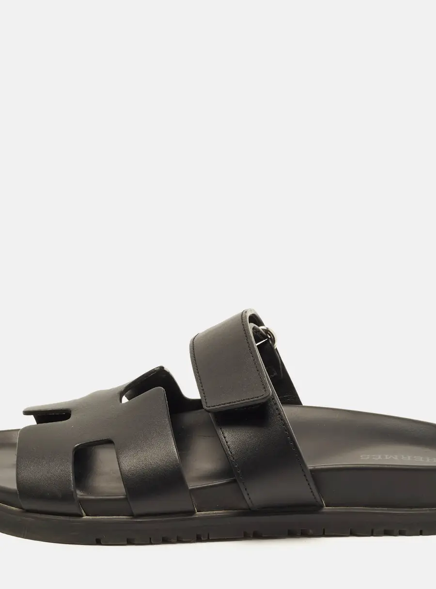 Hermes Chypre Size 36.5 Black Leather Flat Slides
