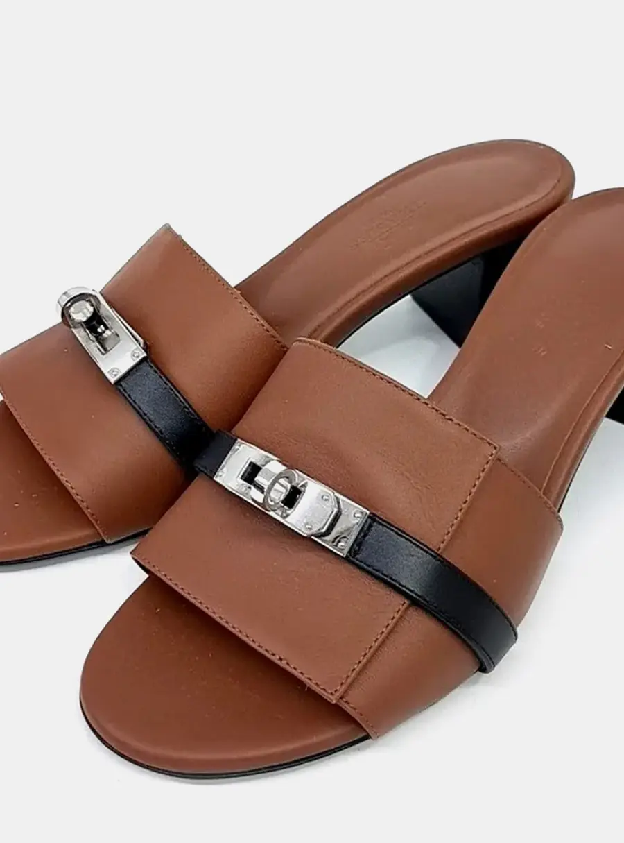 Hermès Gigi Black/Brown Leather Slippers EU 36.5