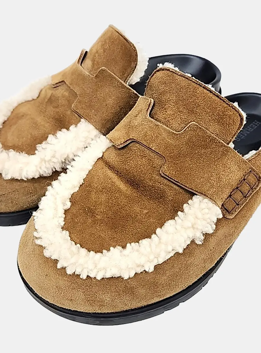 Hermès Brown/Cream Shearling Go Mules EU 36.5