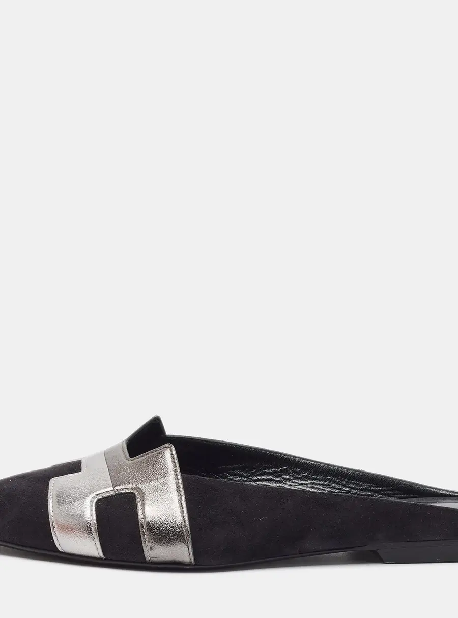 Hermes Roxane Size 37 Black/Metallic Leather and Suede Mules