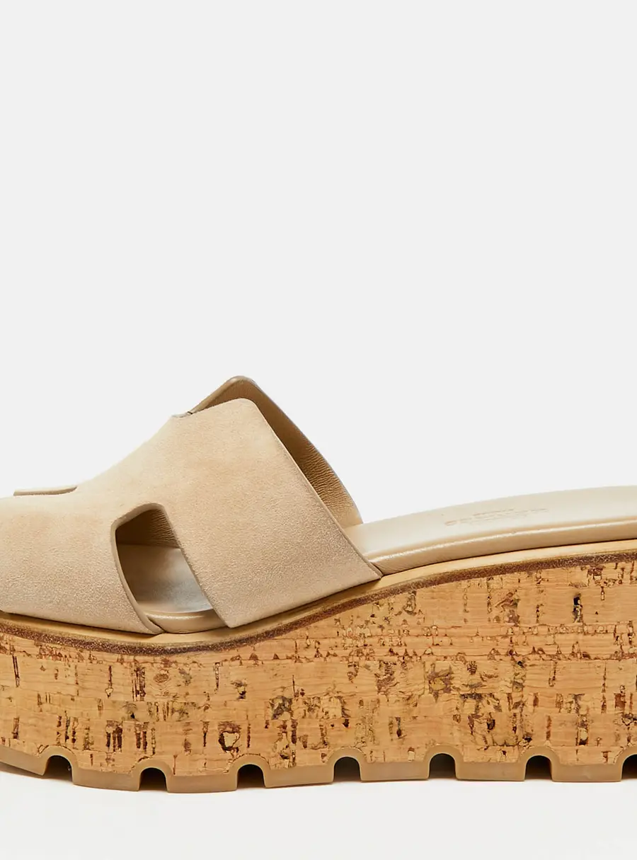 Hermes Eze Size 36 Beige Suede Cork Wedge Sandals