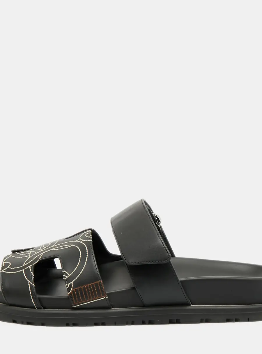 Herm&egrave;s Chypre Size 36 Black Leather Stitch Detail Slide Sandals