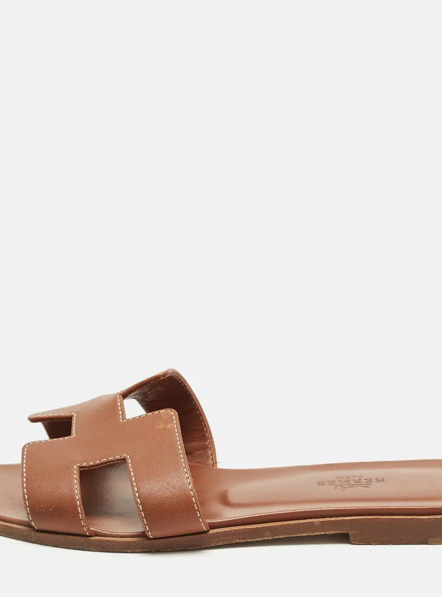 Hermes Oran Size 37 Brown Leather Flat Slide